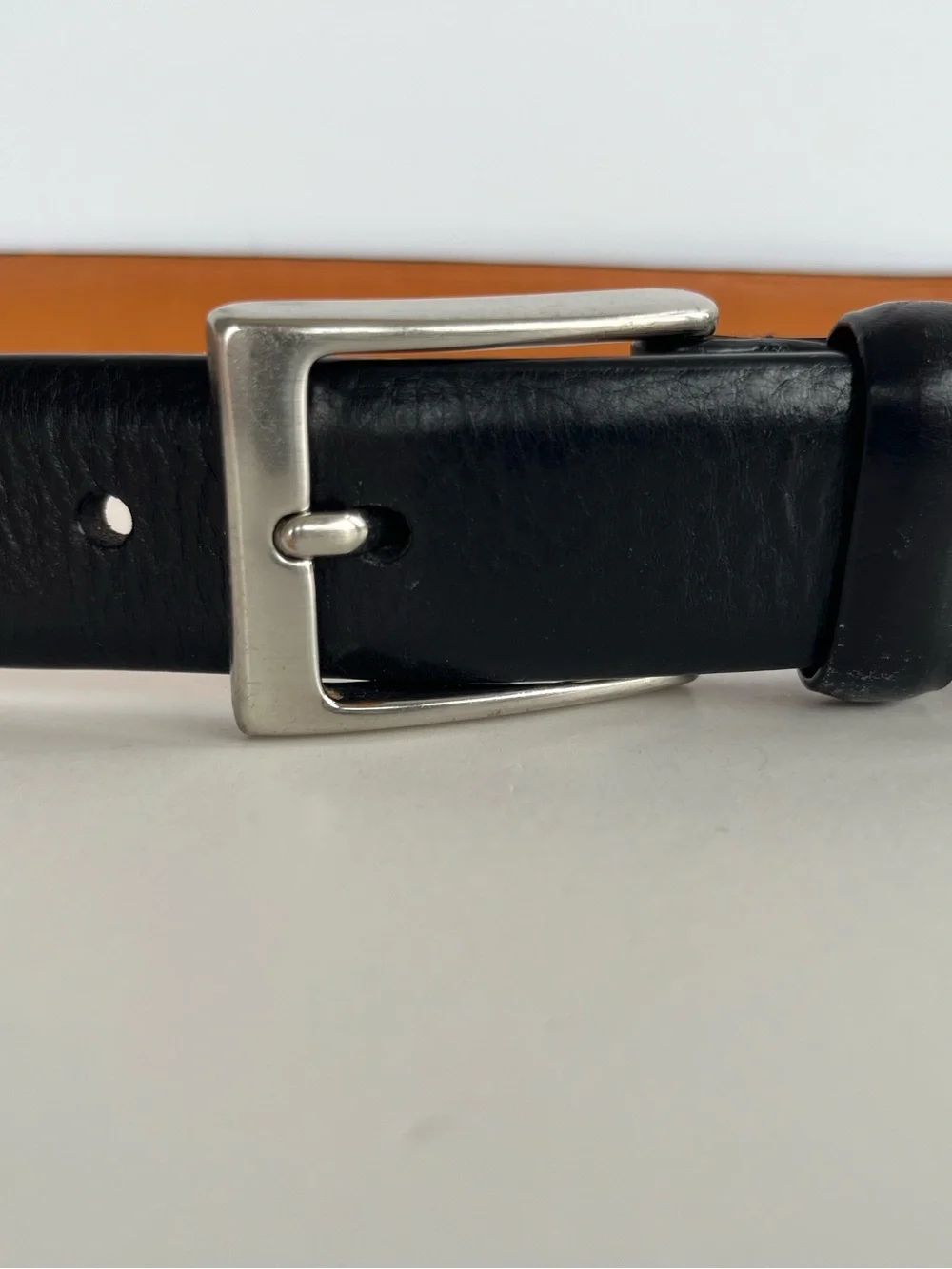 Lands End Classic Black Leather Belt with Soild Brass Buckle- Size 42